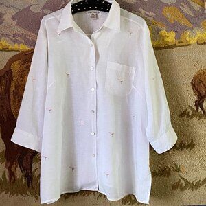Edward Irish Linen Sz 2X White Blouse Shirt 3/4 Sleeve Embroidered Flamingo